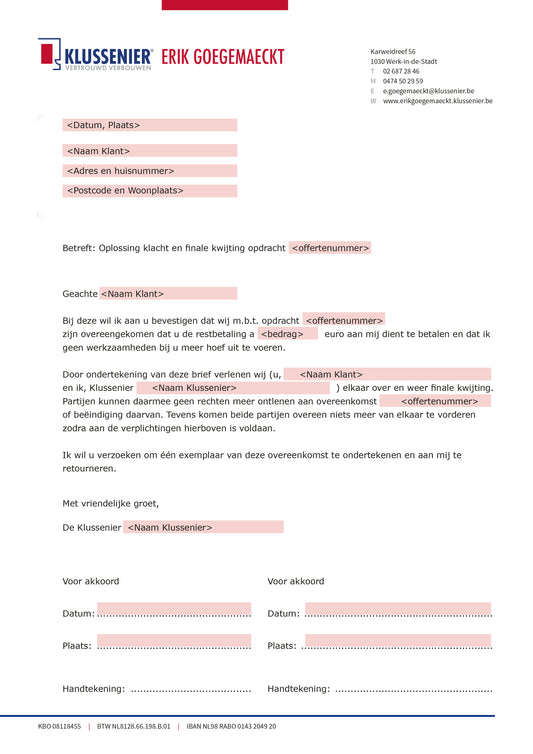 Klussenier Finale Kwijting - invulbaar BE
