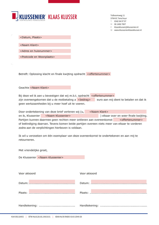 Klussenier Finale Kwijting - invulbaar